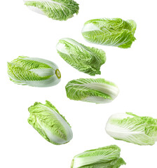 Fresh Chinese cabbages falling on white background