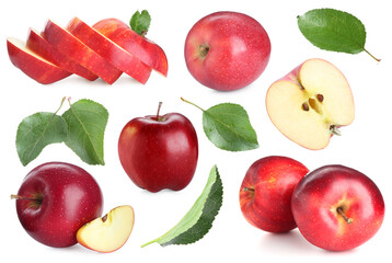 Fresh red apple fruits and green leaves isolated on white, collage