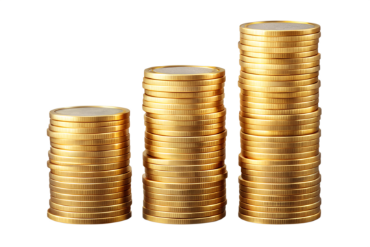 Three stacks of shiny gold euro coins in ascending order isolated on transparent background, representing financial growth and wealth accumulation