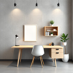 mockup frame photo for home office workspace minimalist design a4 paper size stylish desk scene concrete wall backdrop with bookshelves contemporary scandinavian decor digital art print display templa