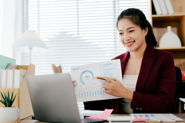 Young woman in online meeting using laptop. Young woman studying online.