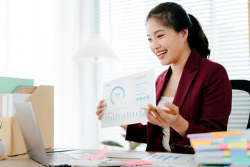 Young woman in online meeting using laptop. Young woman studying online.