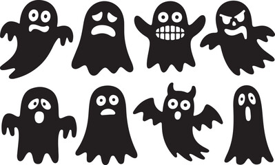 Cute black and white Halloween Ghost silhouette set. Funny cartoon Halloween elements and spooky vector icons