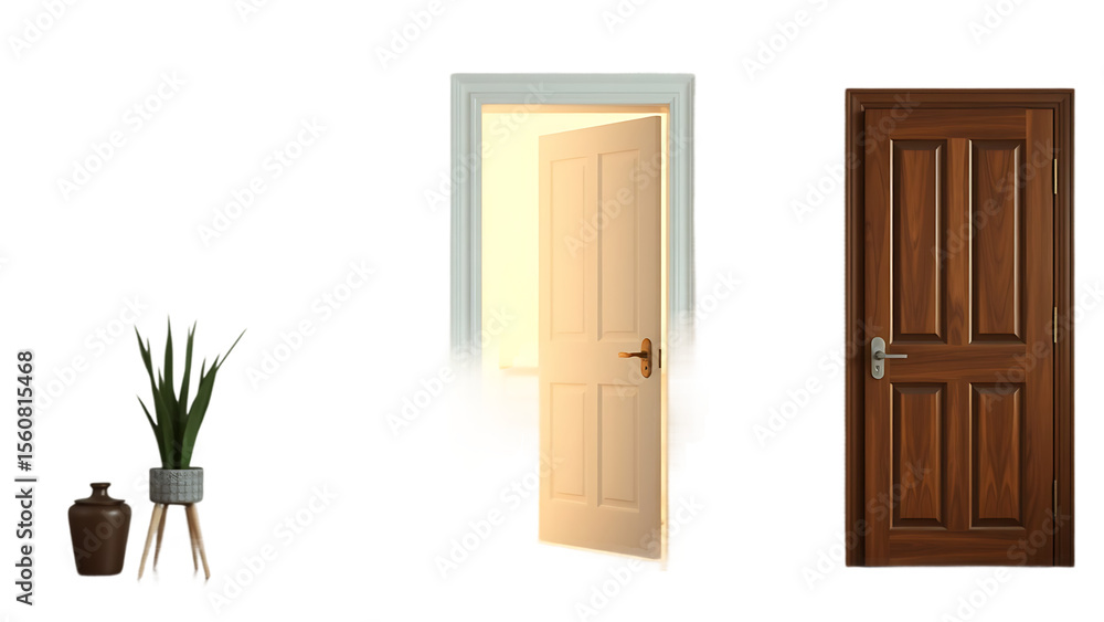 Poster set of home door elements for open and close isolated on transparent background interior design conc