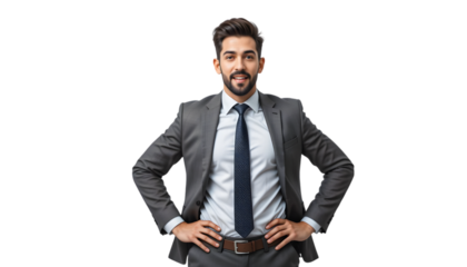 Confident businessman smiling stands with hands on hips against a black background, exuding success and professional style.