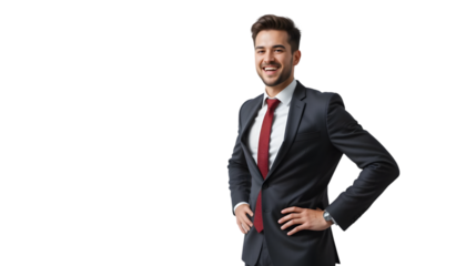Confident businessman smiles wearing a suit and tie on a transparent backdrop, ready for use in various design and marketing applications.