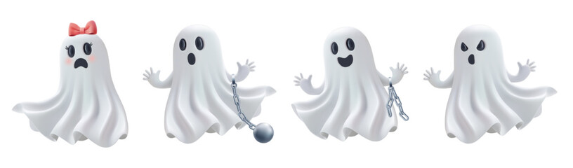 Ghost halloween 3d emoji vector. Cute prison chained phantom character, little girl with pink bow. Female nice sheet cloth png, cute scary promo happy poster. Funny spooky mascot set, realistic render