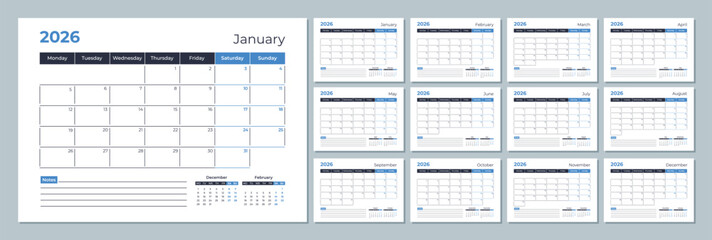 2026 calendar template. Corporate and business planner diary. The week starts on Monday. Set of 12 months of pages.