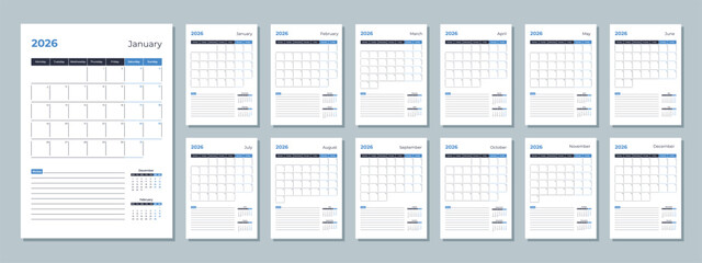 2026 calendar template. Corporate and business planner diary. The week starts on Monday. Set of 12 months of pages.