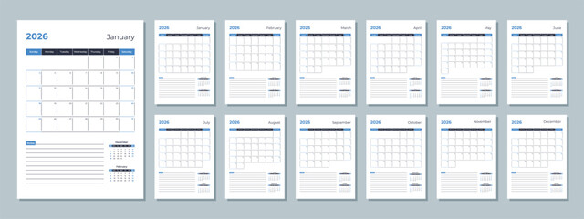 2026 calendar template. Corporate and business planner diary. The week starts on Sunday. Set of 12 months of pages.