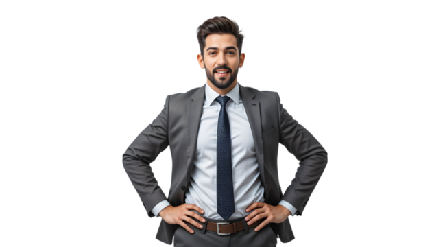 Confident businessman smiling stands with hands on hips against a black background, exuding success and professional style.