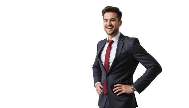 Confident businessman smiles wearing a suit and tie on a transparent backdrop, ready for use in various design and marketing applications.