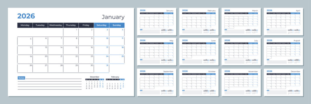2026 calendar template. Corporate and business planner diary. The week starts on Monday. Set of 12 months of pages.