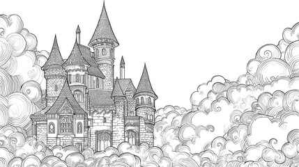 Fototapeta premium Magical castle surrounded by clouds in detailed sketch style 