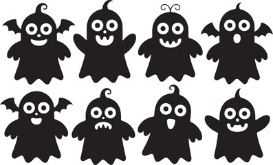 Cute black and white Halloween Ghost silhouette set. Funny cartoon Halloween elements and spooky vector icons