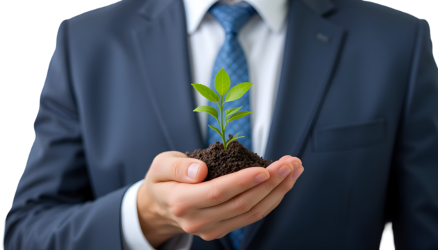 A businessman gently holds a sprouting plant, symbolizing growth, investment, and a sustainable future within the corporate environment. - Powered by Adobe