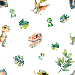 Fototapeta premium Cartoon Baby Dinosaurs with Leaves and Fossils
