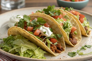 Three mouthwatering tacos piled with lettuce and tomatoes on a plate