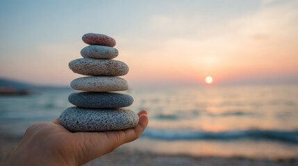 Balancing stones rest in a hand before a sunset sea backdrop, symbolizing mindfulness and well-being