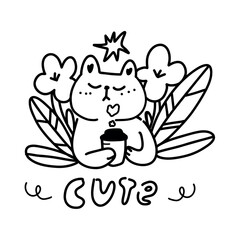 Cute vector sticker featuring a cartoon cat holding a coffee on a background of flowers. Hand drawn kawaii style illustration is perfect for Valentine's Day, cozy gifts and happy messages.