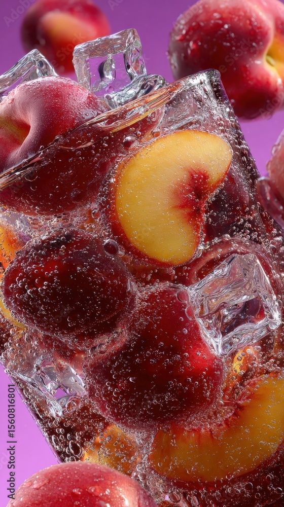 Poster refreshing frozen peach fruit ice cubes with whole and sliced peaches in clear ice on bright pink ba