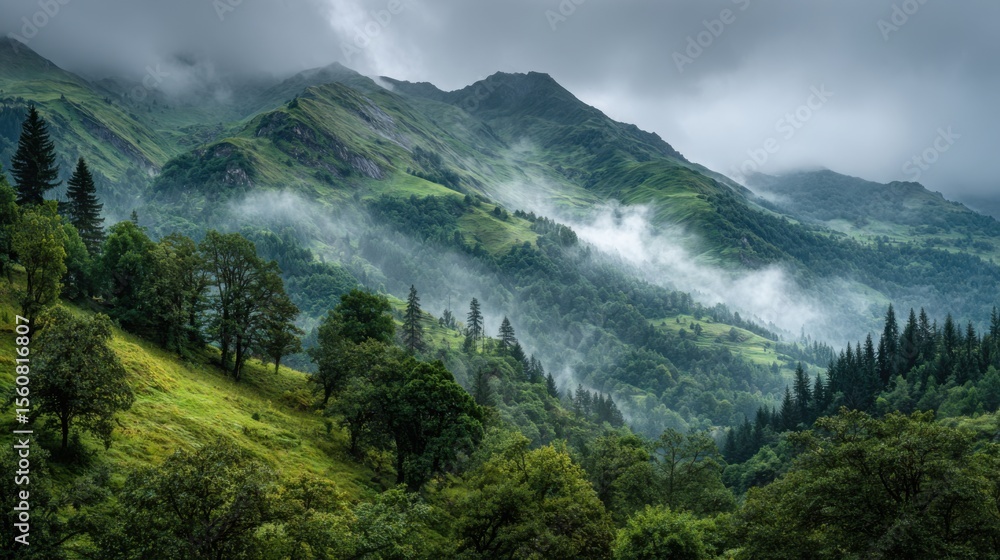 Poster lush greenery blankets rolling mountains under a cloudy sky. mist weaves through the trees, creating