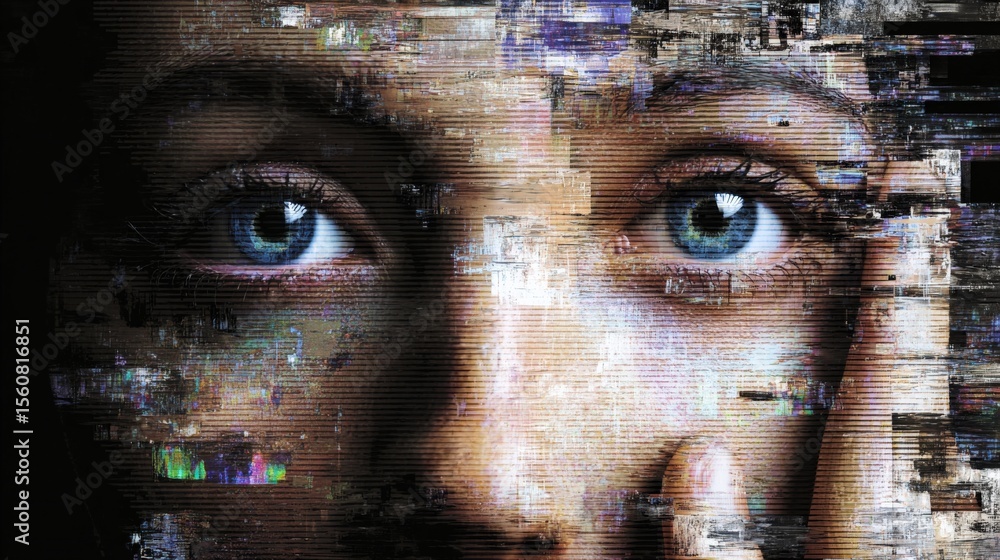 Poster close-up of a woman's face with blue eyes and a digital glitch overlay showing pixelation and colorf