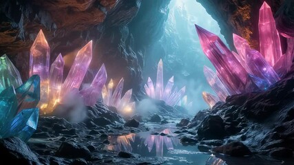 Glowing crystal cavern filled with massive translucent crystals. Concept of mining of precious stones and minerals. - Powered by Adobe
