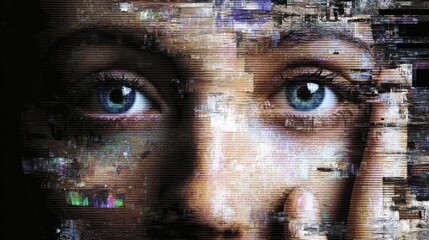 Close-up of a woman's face with blue eyes and a digital glitch overlay showing pixelation and colorful distortion effect