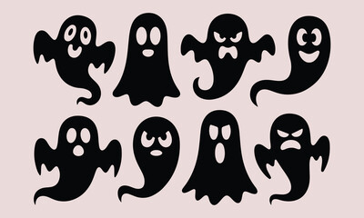 Cute black and white Halloween Ghost silhouette set. Funny cartoon Halloween elements and spooky vector icons