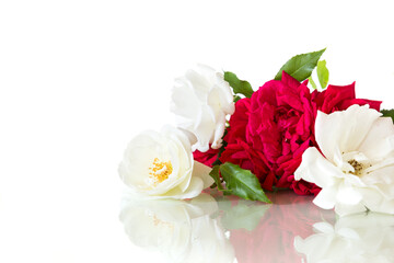 bouquet of white and red roses, isolated on white background