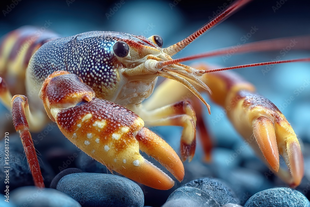Poster close-up of a detailed colorful lobster crustacean with textured claws and antennae on smooth stones