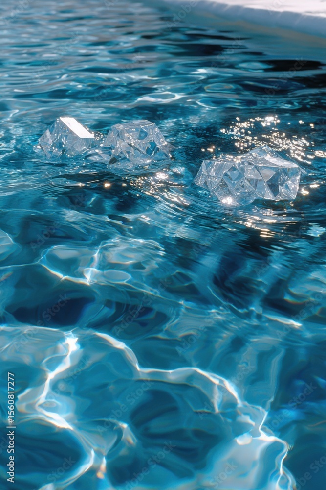 Poster close-up of ice cubes floating on a clear blue water surface with reflections and ripples in a sunny