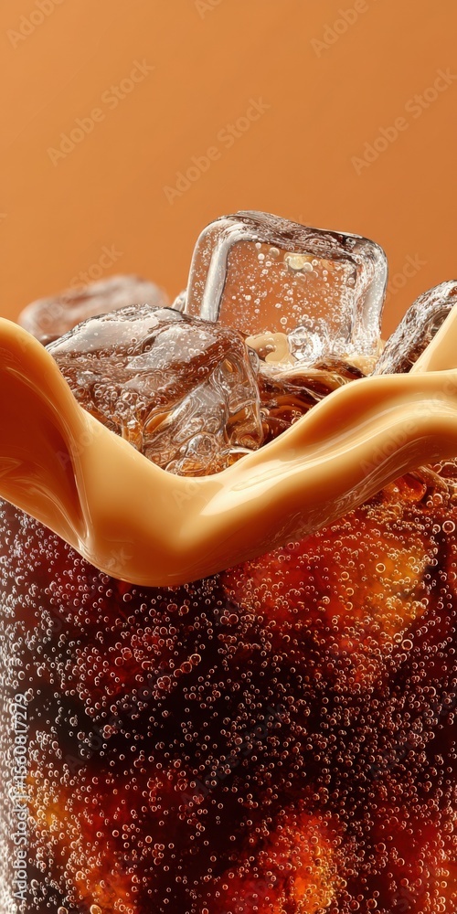Poster close-up of ice cubes and carbonated beverage splash on dark textured surface with warm orange gradi