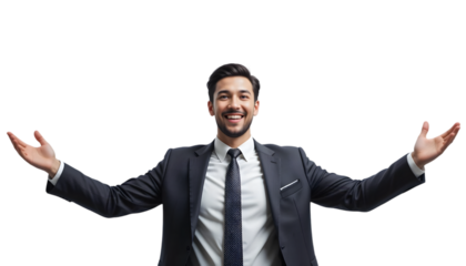 A smiling professional businessman in a suit extends his arms against a black background, suggesting welcome and opportunity.