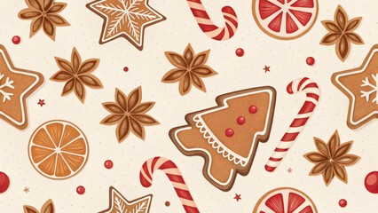 Seamless Christmas Gingerbread Cookies and Sweets Pattern
