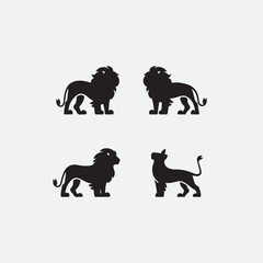 Naklejka premium Set of four black lion silhouettes in various majestic poses on white background