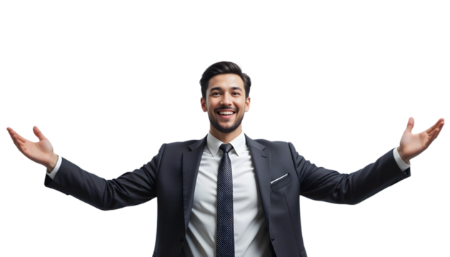 A smiling professional businessman in a suit extends his arms against a black background, suggesting welcome and opportunity.