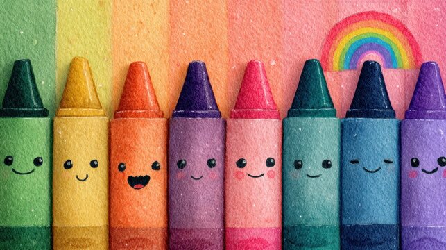 Kawaii crayon box with smiling face, rainbow colors, copy space for school themes. Back to school
