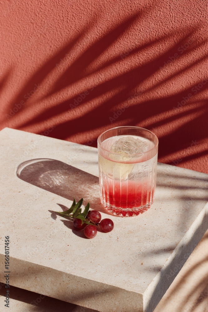 Poster bright summer cocktail in a clear glass with red fruit garnish on white surface with shadow and leaf