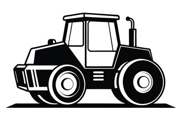 Black and White Illustration of a Road Roller Vehicle with Cab and Wheels