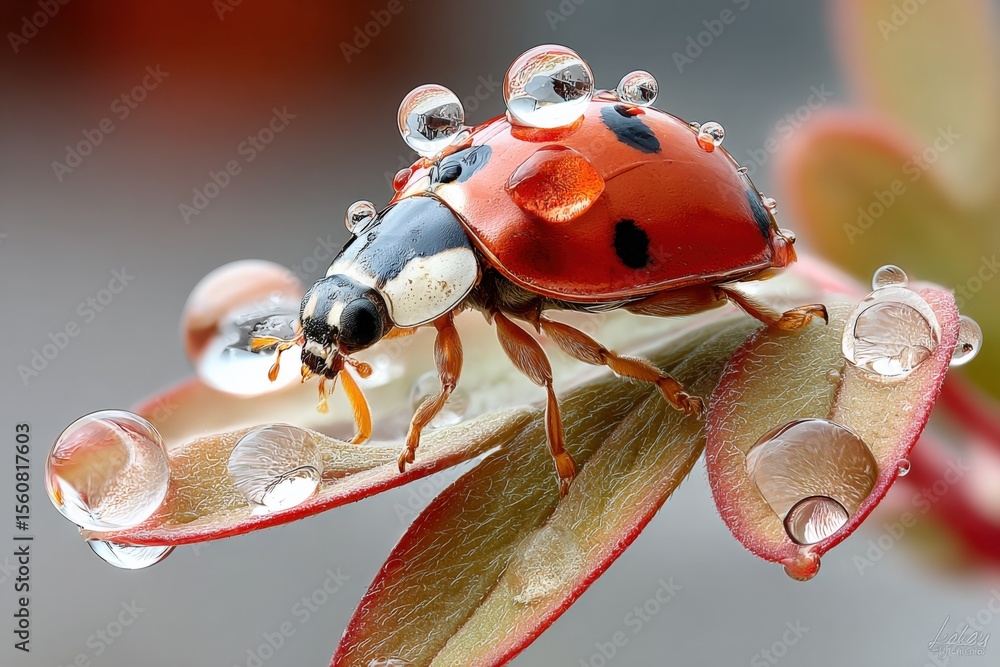 Aufkleber close-up of a vibrant red ladybug with black spots sitting on a pink leaf covered in sparkling water