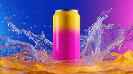 Vibrant colorful aluminum beverage can surrounded by splashing water on bright pink purple and yellow background for refreshment and refresh