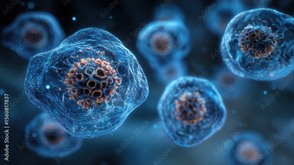 Poster microscopic view reveals blue cells with intricate orange structures. this visual captures cellular 