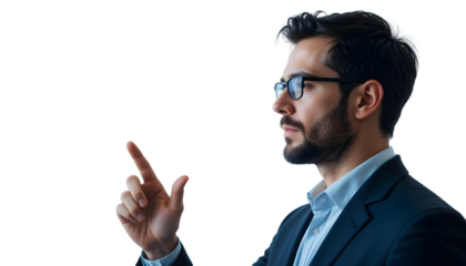 Elegant man in suit pointing forward against black background showing a modern and innovative business professional in action.