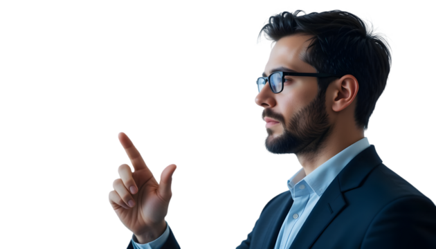 Elegant man in suit pointing forward against black background showing a modern and innovative business professional in action.