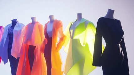 Stylish mannequins display a vibrant array of contemporary outfits with unique silhouettes and textiles. Bright colors and innovative cuts capture the essence of modern fashion design