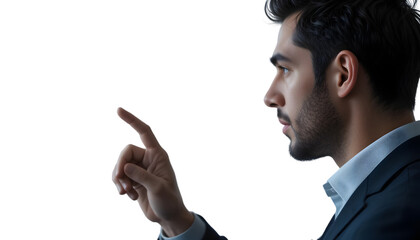 A confident young man in a suit points towards the black background, possibly interacting with a virtual interface.