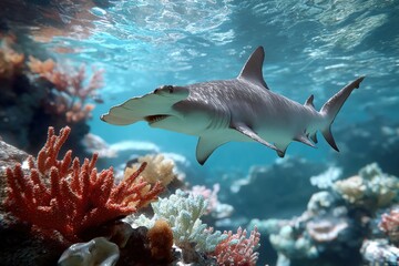 Obraz premium Large Grey Reef Shark Swimming Near Coral Reef Underwater Scene with Colorful Coral and Sunlight Filte Through water