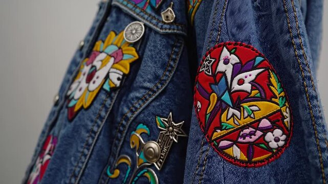 Denim jacket showcasing colorful embroidery patches, gently rotating on clean white surface
